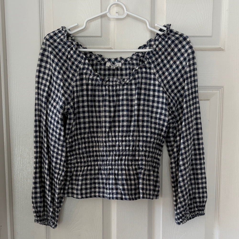 Madewell Black and White Gingham Smocked-Waist Long Sleeve Top